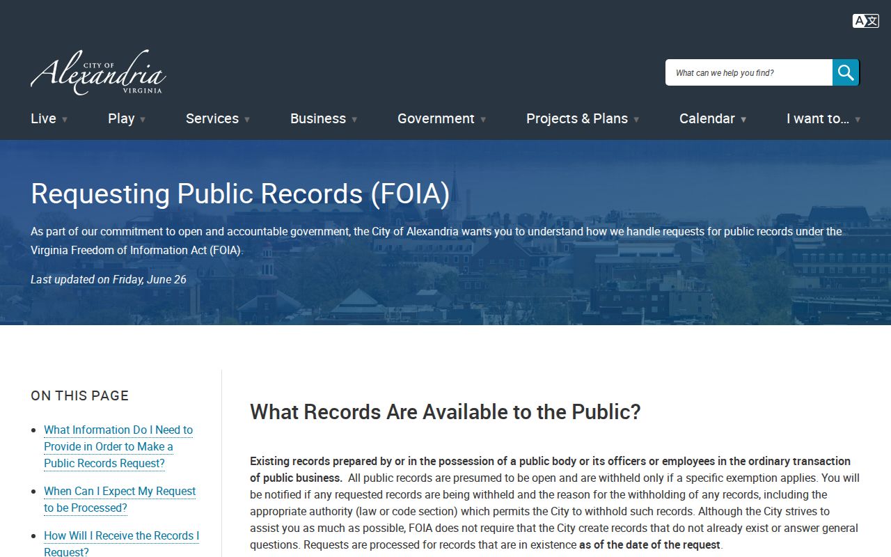 Alexandria City warrant-record access through the Virginia FOIA request page