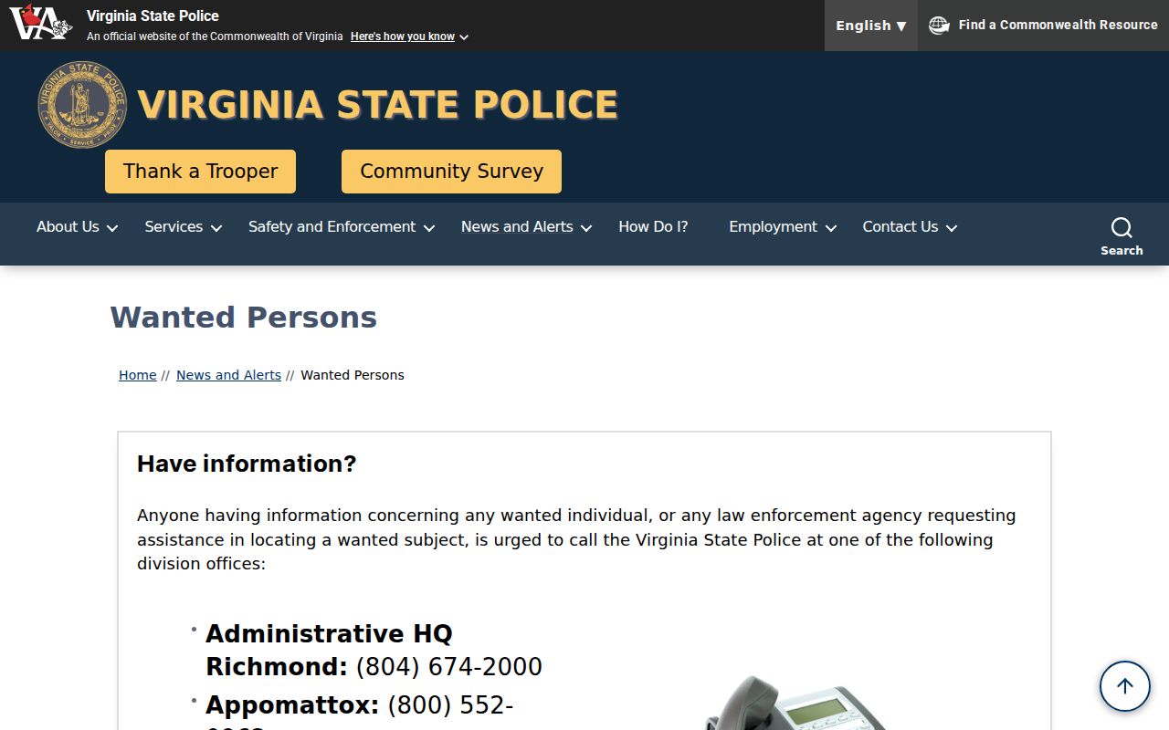 Virginia State Police curated wanted program linked from Alexandria City warrant information
